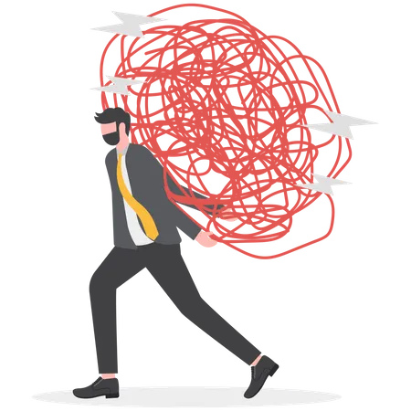 Stress Burden Anxiety From Work Difficulty And Overload Problem In Economic Crisis Or Pressure From Too Much Responsibility Concept Tried Exhausted Businessman Carrying Heavy Messy Line On His Back Illustration