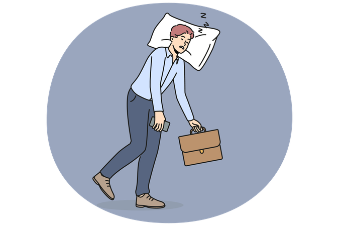 Exhausted businessman walk with head on pillow  Illustration