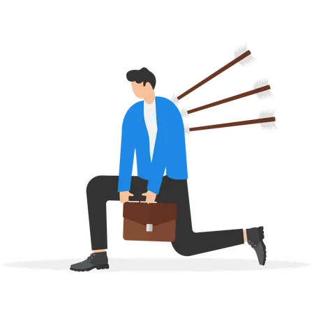Exhausted businessman walking with painful bows on his back  Illustration