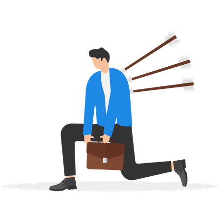 Exhausted businessman walking with painful bows on his back  Illustration