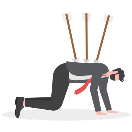 Exhausted businessman walking with painful bows on his back  Illustration