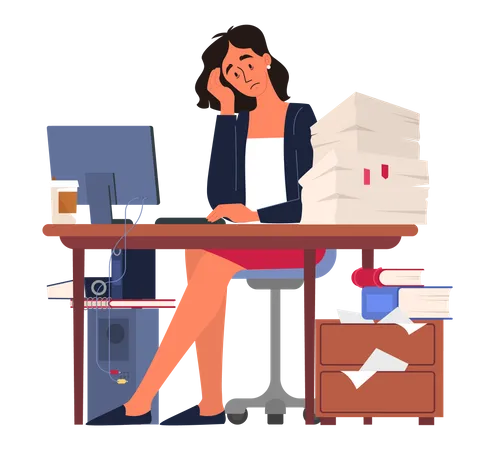 Exhausted Businesswoman Sitting In The Office Deadline Concept Idea Of Many Work And Few Time Business Problems Isolated Vector Illustration In Cartoon Style Illustration