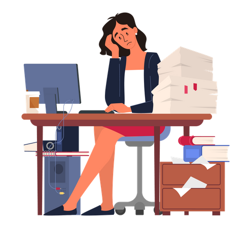 Exhausted businesswoman sitting in the office  Illustration