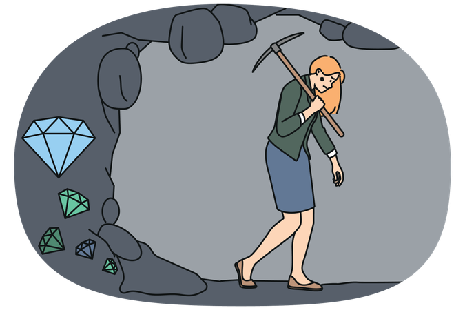 Exhausted businesswoman tired of diamonds digging  Illustration