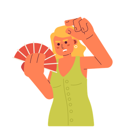 Exhausted caucasian woman cooling down with fan  Illustration