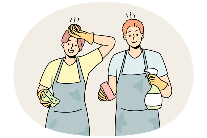 Exhausted couple tired after cleaning  Illustration