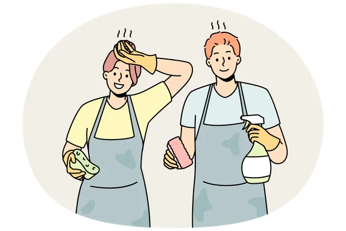 Exhausted couple tired after cleaning  Illustration