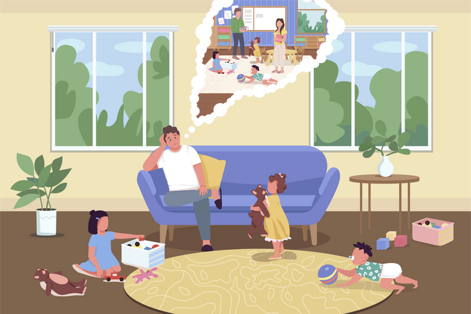 Exhausted dad with kids  Illustration