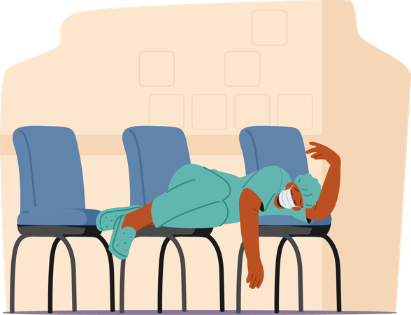 Exhausted Doctor Draped In Fatigue, Seeks Solace On Clustered Chairs  Illustration