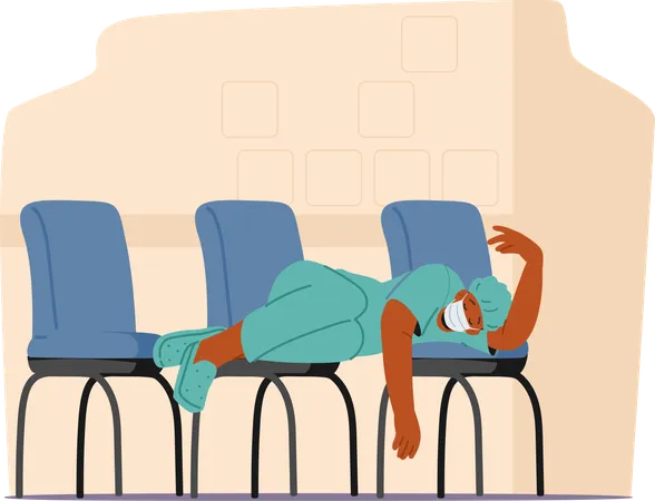 Exhausted Doctor Draped In Fatigue, Seeks Solace On Clustered Chairs  Illustration