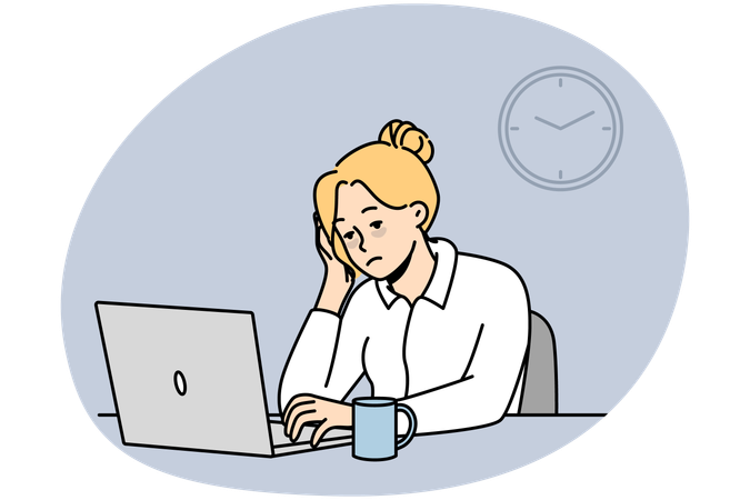 Exhausted female employee sit at office desk work on computer feel sleepy and overwhelmed  Illustration