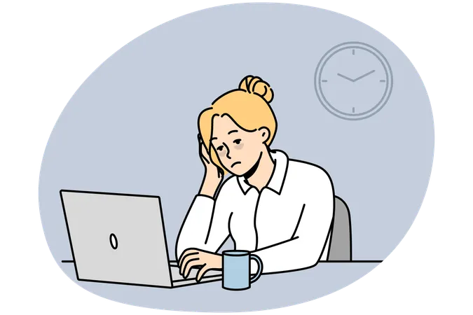 Exhausted female employee sit at office desk work on computer feel sleepy and overwhelmed  Illustration