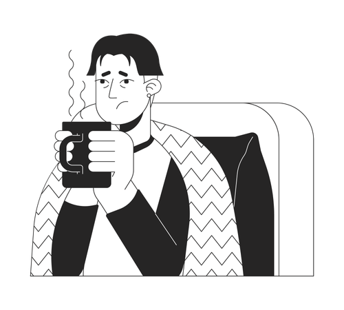 Exhausted flu asian man holding hot drink  Illustration