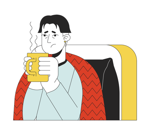 Exhausted flu asian man holding hot drink  Illustration