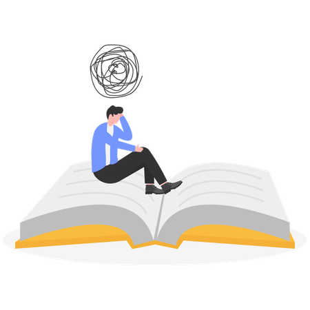 Exhausted from learning while man walking out of large open book door  Illustration