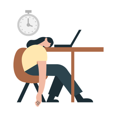 Exhausted girl sleeping on desk table  Illustration