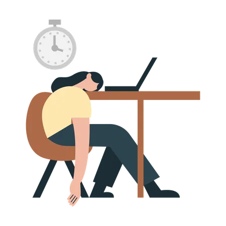 Exhausted girl sleeping on desk table  Illustration