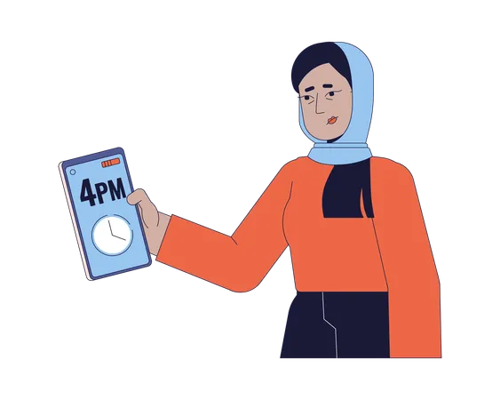 Exhausted hijab woman checking time on phone  Illustration