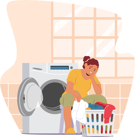 Exhausted Housewife Burdened By Relentless Laundry And Housework  Illustration