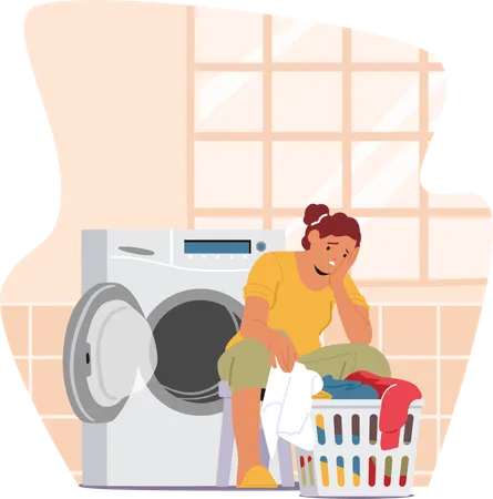 Exhausted Housewife Burdened By Relentless Laundry And Housework  Illustration