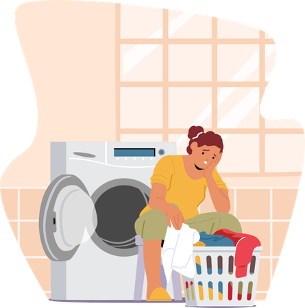 Exhausted Housewife Burdened By Relentless Laundry And Housework  일러스트레이션
