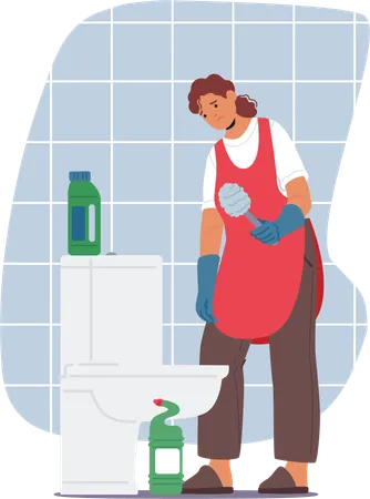 Exhausted Housewife Scrubs The Toilet Wearied By Relentless Housework Fatigue Etched On Her Face She Persists Embodying Unseen Struggles Of Domestic Responsibilities Cartoon Vector Illustration Illustration