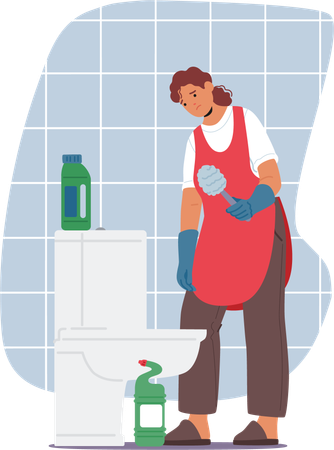 Exhausted Housewife Scrubbing Toilet  Illustration