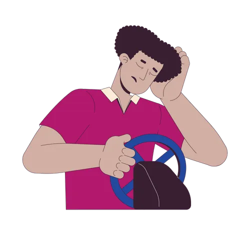 Exhausted Latin American Man Driving Car 2 D Linear Cartoon Character Tired Hispanic Driver Falling Asleep Isolated Line Vector Person White Background Car Accident Color Flat Spot Illustration イラスト