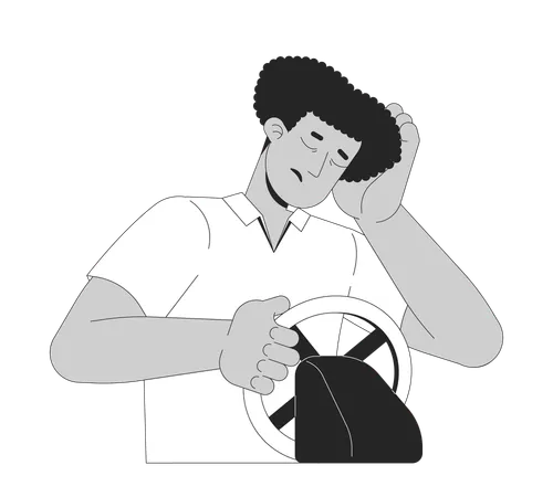 Exhausted Latin American Man Driving Car Black And White 2 D Line Cartoon Character Tired Hispanic Driver Falling Asleep Isolated Vector Outline Person Accident Monochromatic Flat Spot Illustration 일러스트레이션