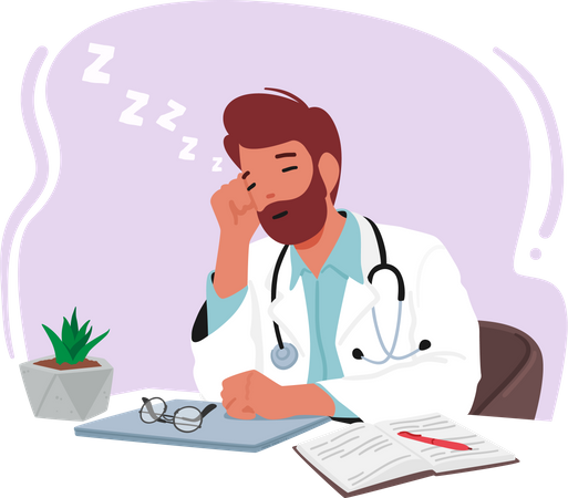 Exhausted Male Doctor Resting At Desk With Laptop  イラスト