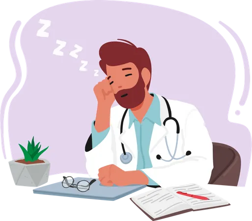 Exhausted Male Doctor Character Resting At His Desk With A Laptop Tired Man Medic Showcasing The Demanding And Tireless Nature Of The Medical Profession Cartoon People Vector Illustration イラスト