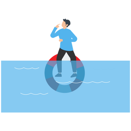 Exhausted Male Floating in Ocean Catastrophe.  Illustration