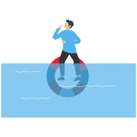 Exhausted Male Floating in Ocean Catastrophe.  Illustration