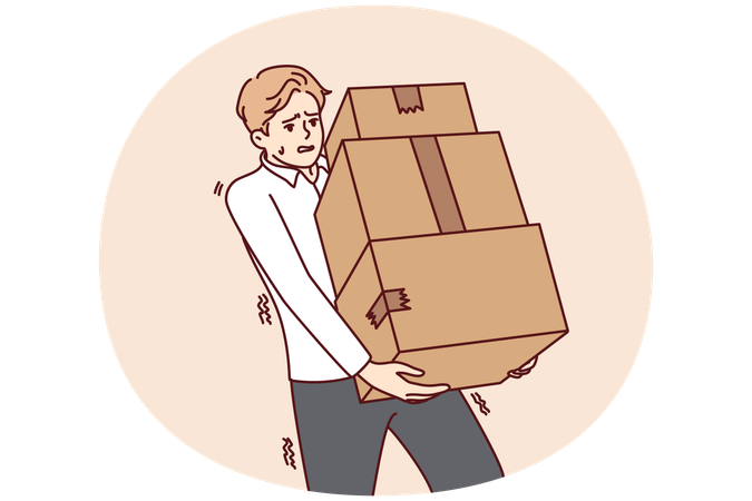 Exhausted man carry stack of boxes  Illustration
