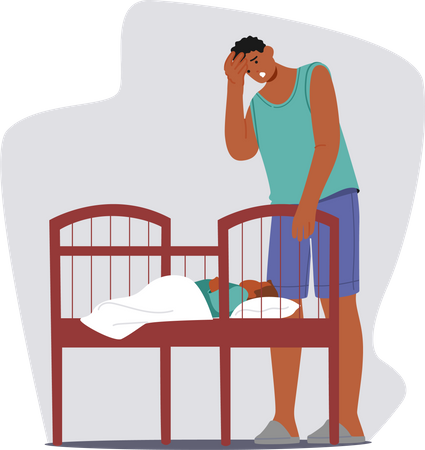 Exhausted Man Character Beside A Wailing Baby In A Crib  イラスト