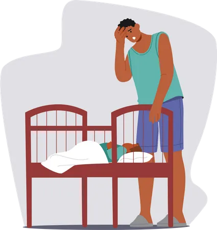 Exhausted Man Character Beside A Wailing Baby In A Crib  Illustration