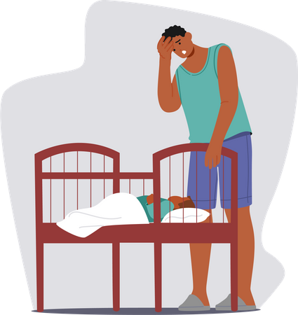 Exhausted Man Character Beside A Wailing Baby In A Crib  Illustration