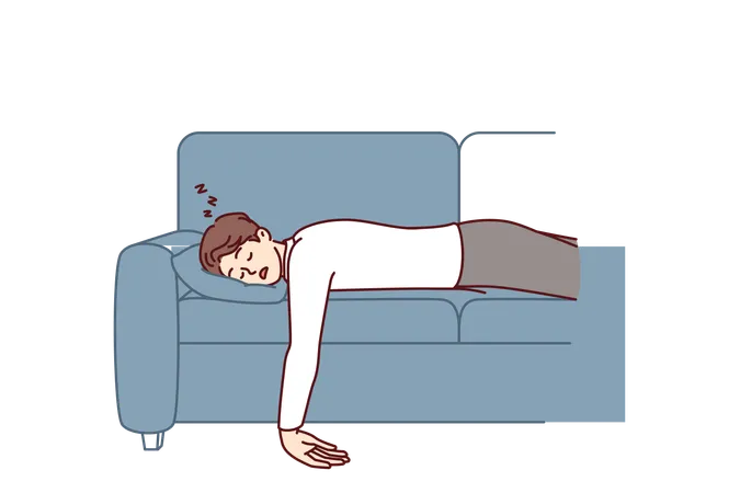 Exhausted Man Fell Asleep Lying On Comfortable Sofa With No Energy After Hard Day At Work Or Long Walk With Friends Unmotivated Guy Fell Asleep On Couch And Naps Not Wanting To Go To Work Illustration