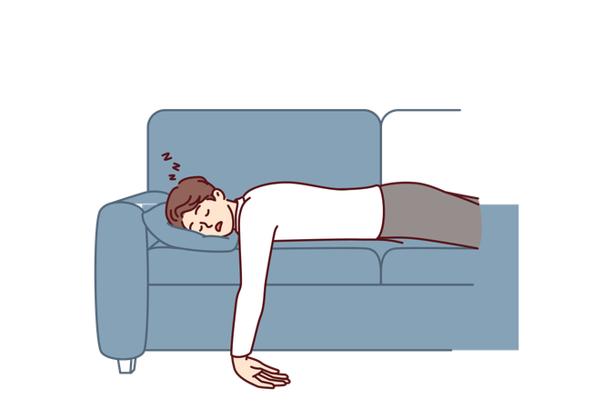 Exhausted man fell asleep lying on comfortable sofa with no energy after hard day at work  Illustration