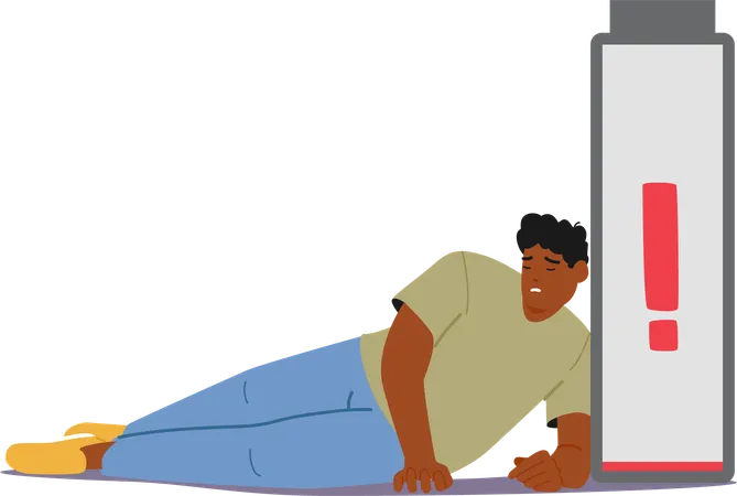 Exhausted Man Lying Beside  Low Battery Symbol Indicating Tiredness And Energy  Illustration