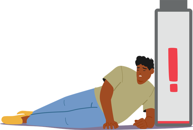 Exhausted Man Lying Beside  Low Battery Symbol Indicating Tiredness And Energy  Illustration