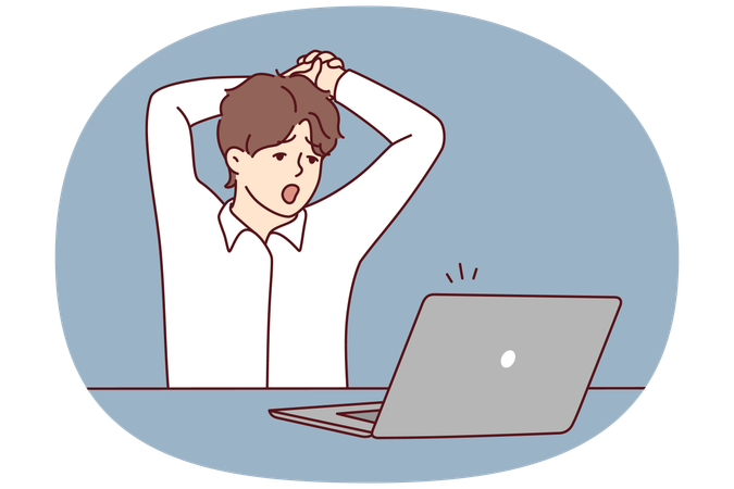 コンピューター作業に圧倒されて疲れ果てた男性  イラスト