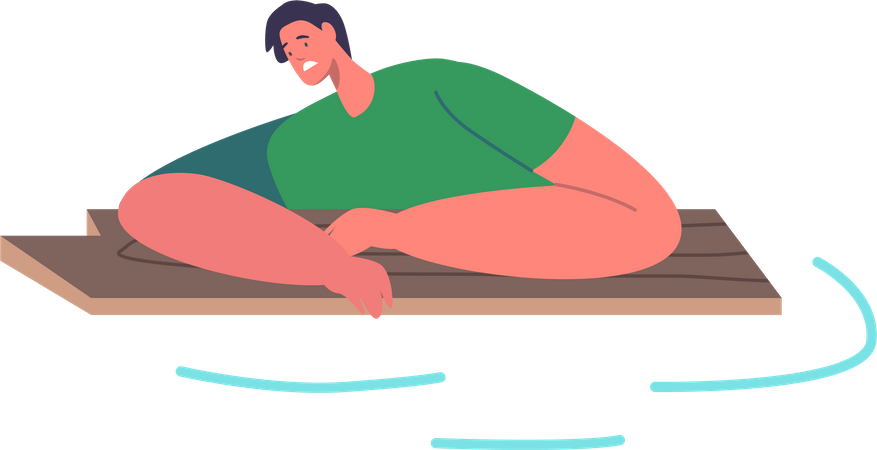 Exhausted man swimming in sea after shipwreck Illustration