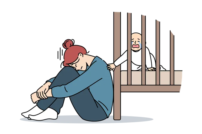 Exhausted mother with postpartum stress sits on floor near crib with crying newborn  Illustration