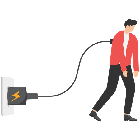 Exhausted overworked businessman plug electric to recharge energy  Illustration