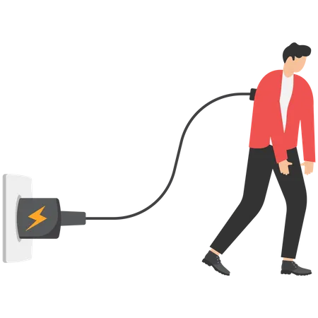 Exhausted overworked businessman plug electric to recharge energy  Illustration
