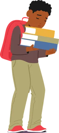 Exhausted Schoolchild Character Laden With Towering Books Slumps Wearily Eyelids Drooping A Mountain Of Textbooks Looms A Visual Testament To The Burdens Of Academia Cartoon Vector Illustration Illustration