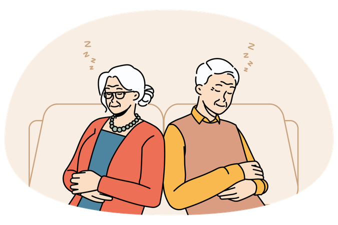 Exhausted senior grandparents relax in chairs sleeping  Illustration