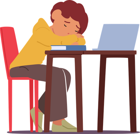 Exhausted Student Boy Slumbers On Desk With Book And Laptop  Illustration