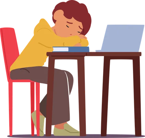 Exhausted Student Boy Slumbers On Desk With Book And Laptop  Illustration